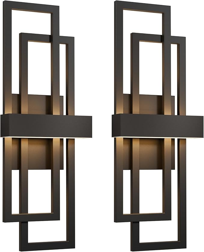 LamQee 2 Pack 25.6" Modern Outdoor Wall Light, Integrated LED 1200LM Large Exterior Lighting Fixture Rectangle Outdoor Sconce, Matte Black Wall Mount Porch Light Outside Lamp for House Garage Patio