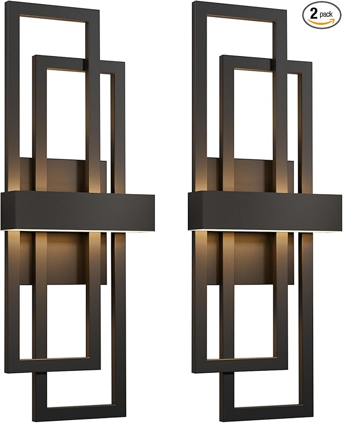 LamQee 2 Pack 25.6" Modern Outdoor Wall Light, Integrated LED 1200LM Large Exterior Lighting Fixture Rectangle Outdoor Sconce, Matte Black Wall Mount Porch Light Outside Lamp for House Garage Patio
