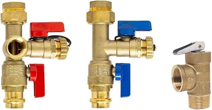 3/4 inch Press Isolation Valve Kit with Pressure Relief Valve for Rheem Tankless Water Heater, FNPT x Press, 3/4'' Service Valve for Rinai, Ecosmart, Navien, Noritz Takagi Bosch