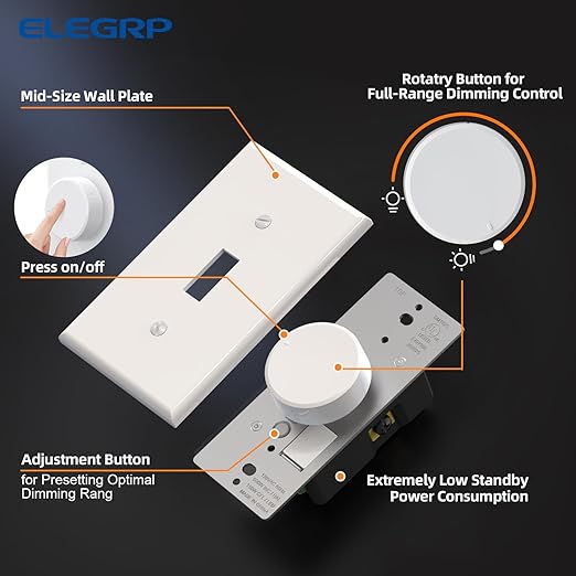 ELEGRP Digital Rotating Dimmer Switch for Dimmable LED, CFL and Incandescent Light Lamp Bulbs, Single Pole / 3-Way Rotary Dimmer Switch, Wall Plate Included, UL Listed (1 Pack, Matte White)