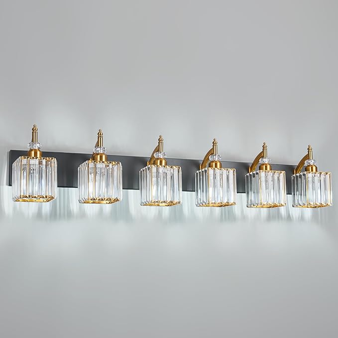 Modern Black Gold 6 Light Bathroom Vanity Light Crystal Bathroom Light Fixtures Over Mirror