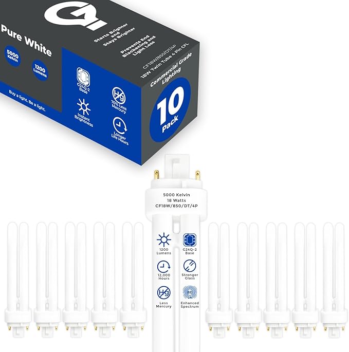 GoodBulb 18 Watt CFL Light Bulbs 4 Pin G24Q-2 Base 5000K Daylight 18W High Output 1200 Lumens Double Tube Compact Fluorescent Light Bulbs Plug-in 10 Pack