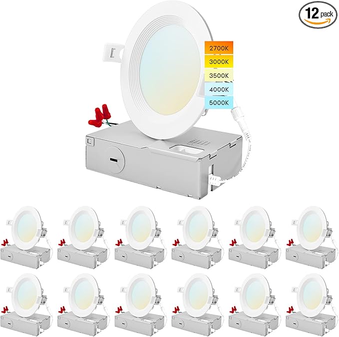 LUXRITE 12-Pack 4 Inch Ultra Thin LED Recessed Lighting, 10.5W, 5 Color Selectable 2700K | 3000K | 3500K | 4000K | 5000K, CRI 90, 750 Lumens, Dimmable LED Wafer Lights, Wet Rated, Baffle Trim