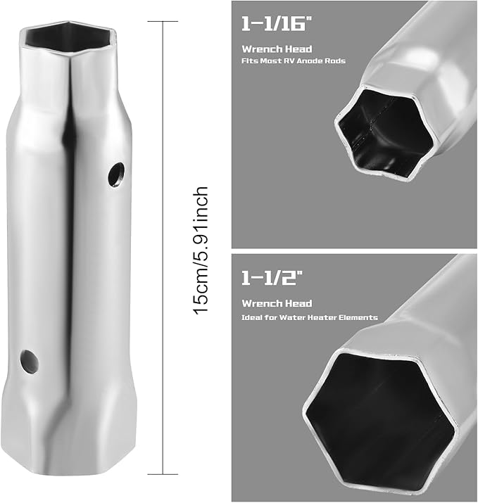 Jalja RV Water Heater Maintenance Tool Kit – Includes 3/4"-14 NPT Tap, Dual Hex Anode Rod Wrench (1-1/16" & 1-1/2"), and 197" Teflon Tape for Suburban Water Heaters