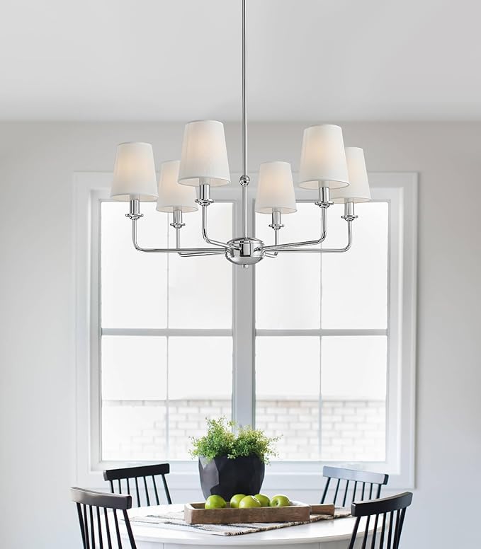 Modern 6 Light Chrome Chandelier with White Fabric Shades Elegant Ceiling Light,Farmhouse & Industrial Pendant Chandelier for Dining Room Living Room Bedroom,E12 Base
