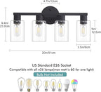 4 Light Bathroom Vanity Light, Matte Black Bathroom Light Fixtures with Clear Glass Shade, 4-Light Vanity Lights, Black Lighting Fixtures for Bath Mirror Bedroom Living Room Hallway Porch
