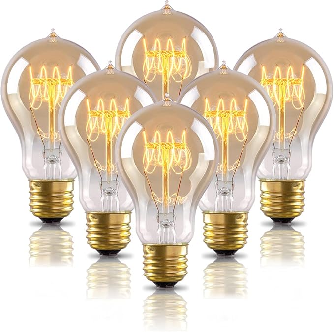 Warm Edison Light Bulbs, 60 Watt A19 Vintage Incandescent Light Bulbs, Dimmable Yellow Old Fashioned Amber Light Bulbs, 2100K Warm White, E26 Base, 6 Pack