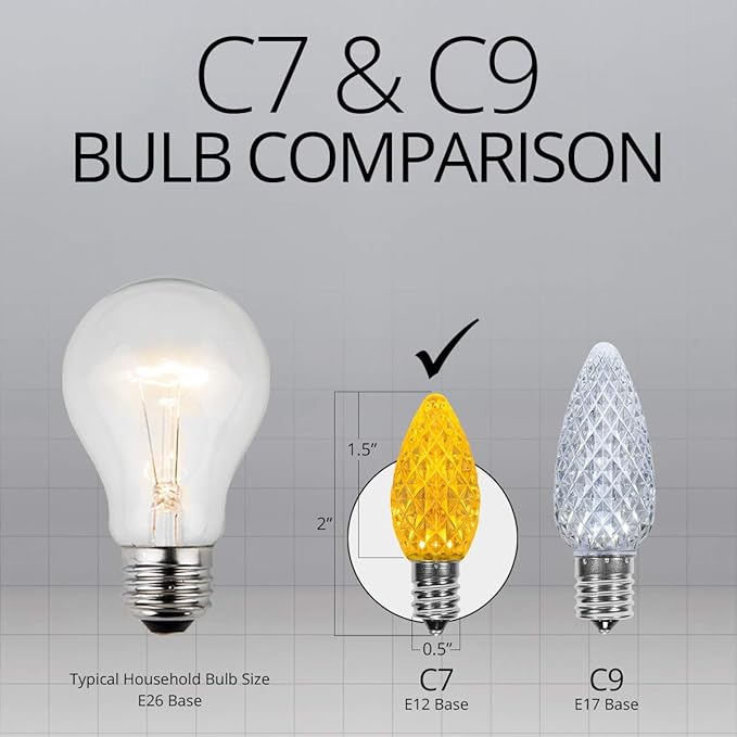 Wintergreen Lighting OptiCore C7 LED Christmas Light Bulbs - 25 Pack Heavy Duty Premium Outdoor Christmas Lights, E12 Base (Gold Faceted)