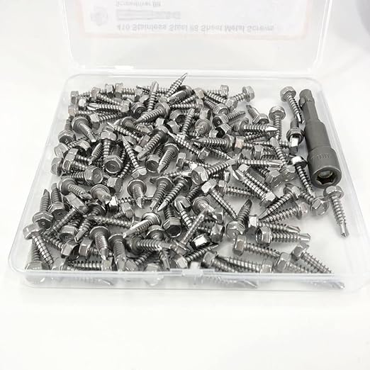 QSJ 120PCS #8 x 3/4'' Sheet Metal Screws 410 Stainless Steel Hex Washer Head Fast Self Tapping Screws with Screwdriver Bit Silver