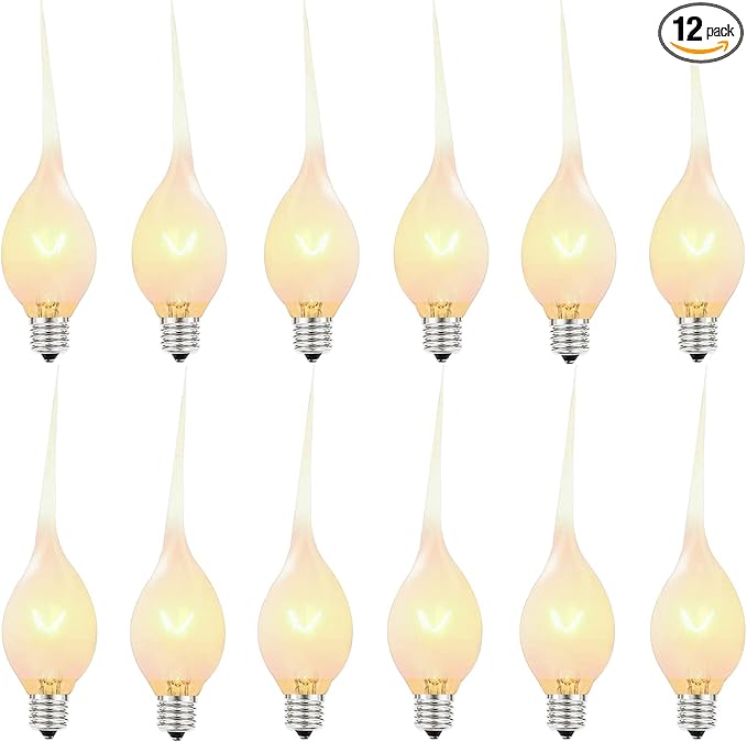 Silicone Dipped Candle Light Bulbs, 5 Watt Night Light Bulbs, C7/E12 Candelabra Base Bulbs, Clear Country Style Candle Light Bulbs for Christmas Chandelier Electric Window Candle, 120 Volt- 12 Pack