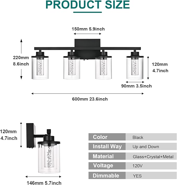 4-Light Bathroom Light Fixtures Over Mirror,Black Led Vanity Lighting Fixtures with 5CCT Dimmable LEDs,Clear Glass Shades &Wall Sconces Lighting Design for Bedroom,Livingroom