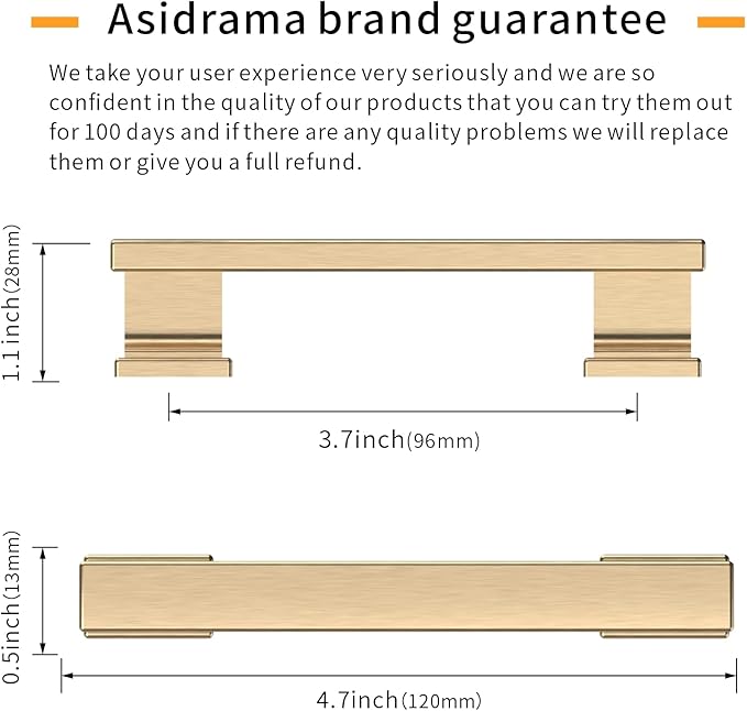 Asidrama 6 Pack 3.75 Inch(96mm) Brushed Brass Kitchen Cabinet Handles, Cabinet Pulls Kitchen Cabinet Hardware for Cupboard Drawer Pulls