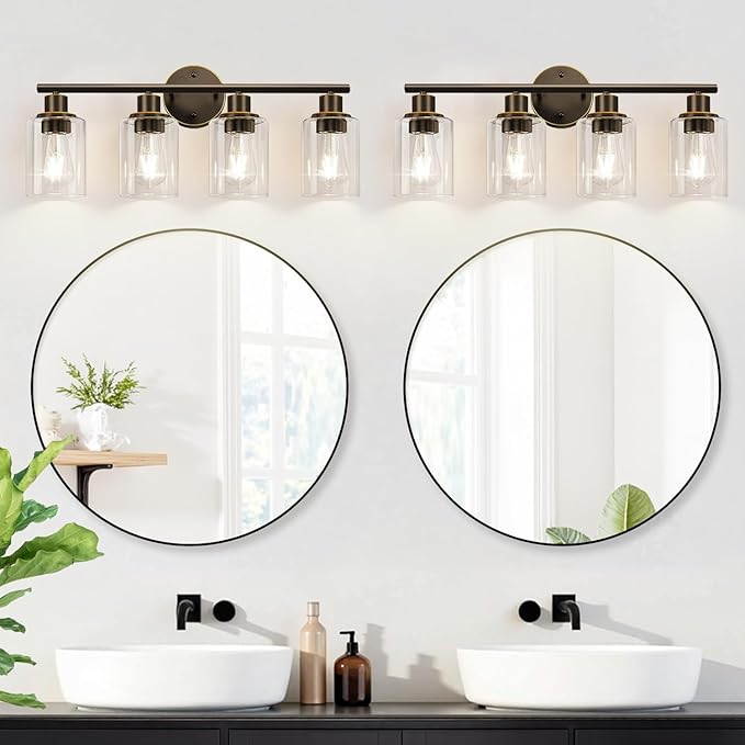 4-Light Bathroom Light Fixtures, Brown and Gold Modern Vanity Lights Over Mirror with Clear Glass Shade, Bathroom Wall Lamp for Mirror Kitchen Living Room Hallway Cabinet Porch Bedroom Reading room
