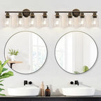 4-Light Bathroom Light Fixtures, Brown and Gold Modern Vanity Lights Over Mirror with Clear Glass Shade, Bathroom Wall Lamp for Mirror Kitchen Living Room Hallway Cabinet Porch Bedroom Reading room