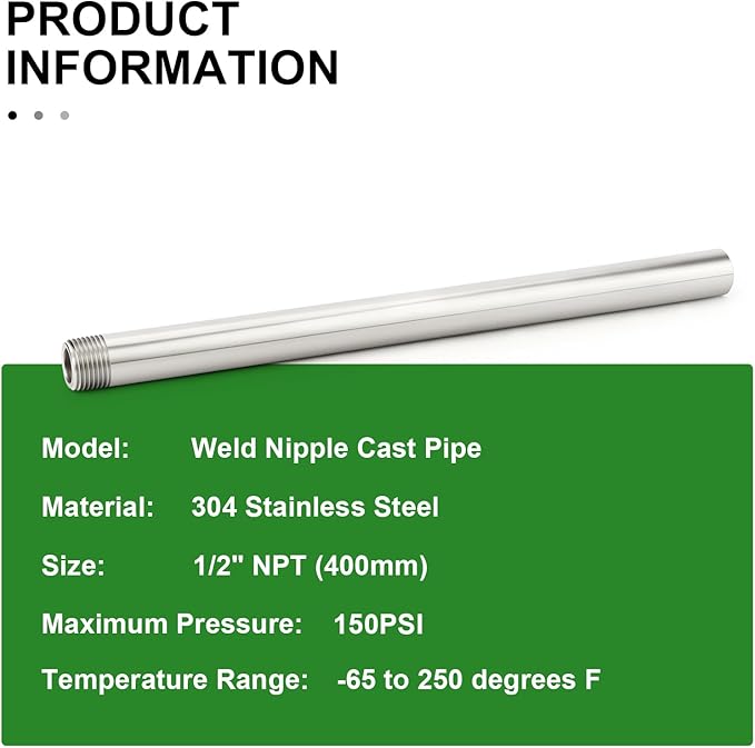 TAISHER 1PCS 304 Stainless Steel Pipe Fittings, 1/2" NPT Male Threaded, 16" Length Weld Nipple Cast Pipe