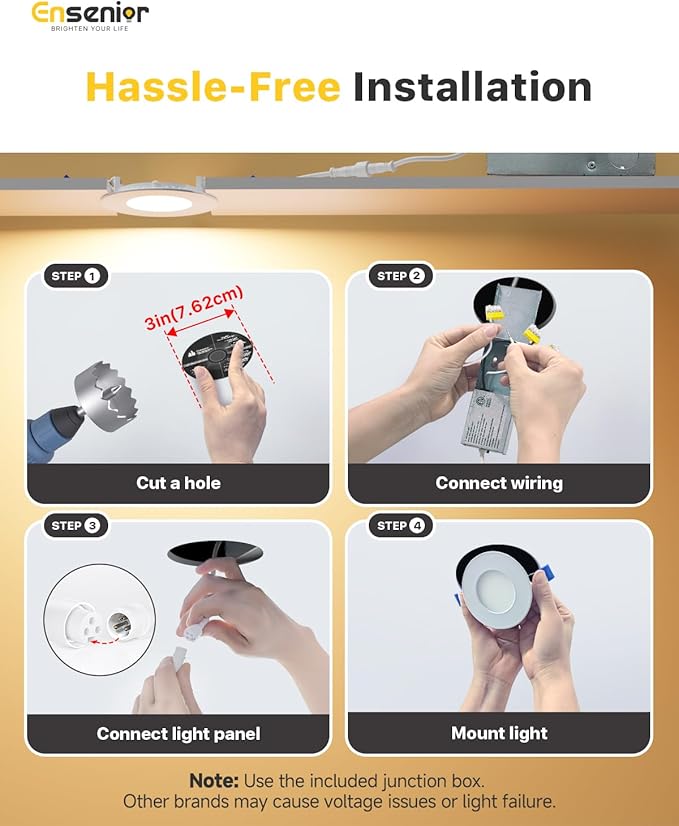 Ensenior 6 Pack 3 Inch LED Recessed Light, Dimmable, 2700K-5000K 5CCT, 500LM High Brightness, 6W 120V, Damp Rated, Ultra-Thin Canless Wafer Light - ETL & FCC & IC