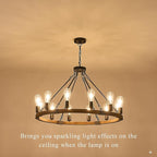 31.5'' Wooden Wagon Wheel Chandelier Farmhouse 12 Lights Wood Round Chandelier Black Rustic Light Fixture for Living Dining Room Entryway Foyer Kitchen