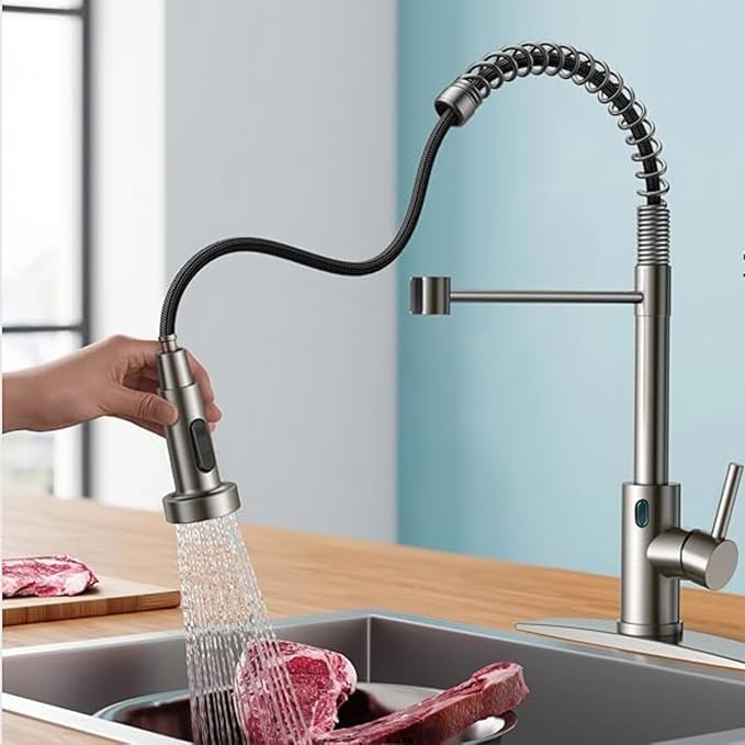 Touch-Less Kitchen Faucet, 3 Modes Pull Down Sprayer, LED Temperature Control,Ceramic Valve, 360-Degree Rotation, 1 or 3 Hole Deck Plate. 10-Year Warranty. (KW-79SN, Brushed Nickel)