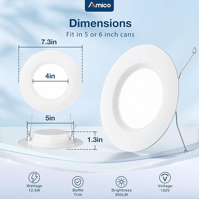 Amico 5/6 inch 5CCT LED Recessed Lighting 48 Pack, Dimmable, IC & Damp Rated, 12.5W=100W, 950LM Can Lights with Baffle Trim, 2700K/3000K/4000K/5000K/6000K Selectable, Retrofit Installation - ETL & FCC