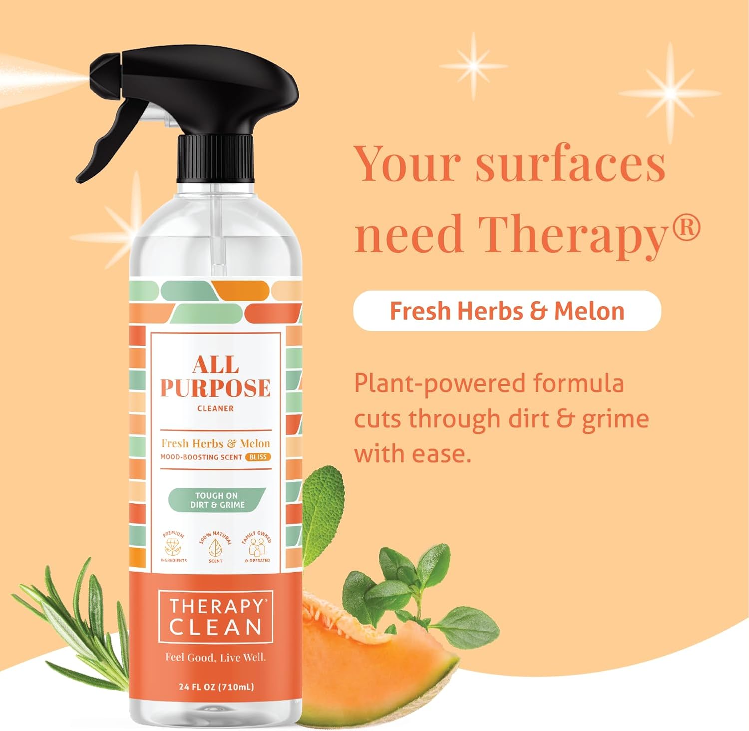 Therapy Clean All Purpose Cleaner 24 fl oz (Fresh Herbs & Melon) (6-Pack) - Multi Surface Cleaning Spray, Kitchen Cleaner, Household Multipurpose, Dusting Spray