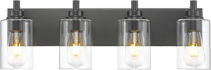 4-Light Bathroom Light Fixtures, Black Vanity Light with Cylinder Clear Glass Shade, Modern Vanity Lighting Fixtures Over Mirror, VL143-MB-4