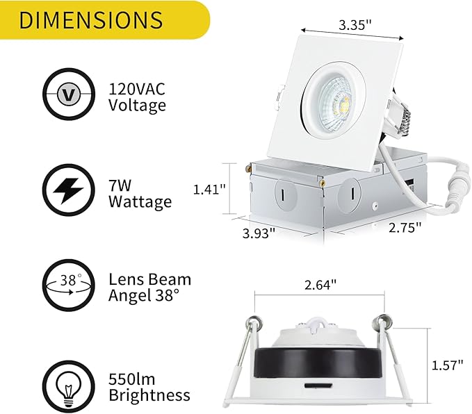 Square Recessed Lighting 3 Inch 6 Pack, Ajustable Eyeball recessed Light with Junction Box,5 Color Selectable,Airtight,7W 550LM,Dimmable,White