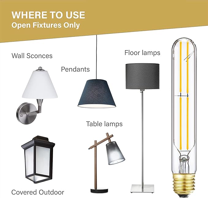 7.3 Inch E26 T10 Led Bulb 60 watt 3000k Soft White Edison Bulbs,6W E26 Long Light Bulb Tubular Light Bulb T10 Bulb T9 for Rustic Pendant,Industrial Pipe,Wall Sconces 6 Pack