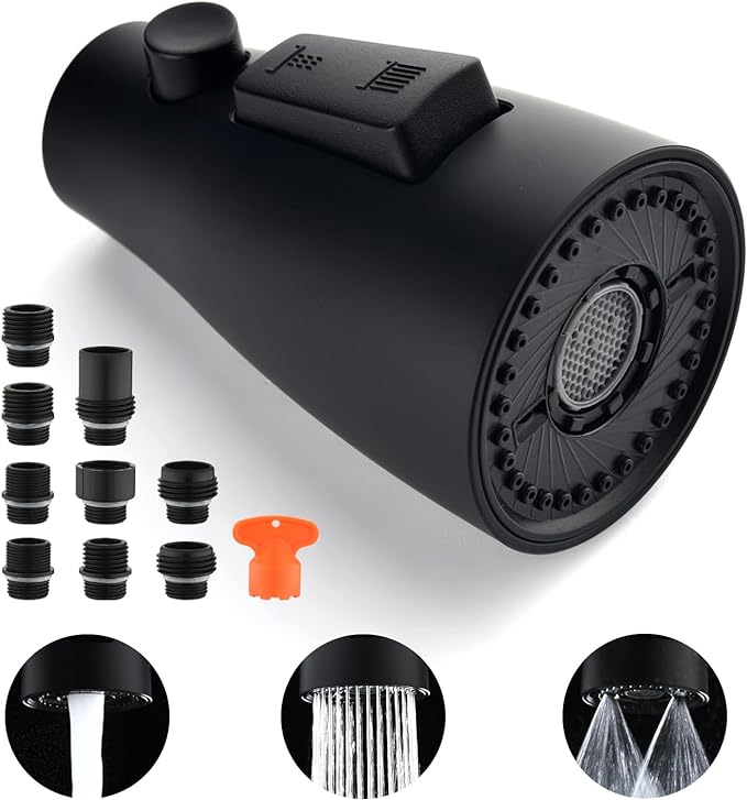 [Upgraded] GORDEE Kitchen Faucet Sprayer Head Replacement, 3-Function(Stream/Spray/Blade) Sprayer Spout Nozzle w/Check Valve, 1.8 GPM, 9 Adapters to Fit Most Standards of Faucets, Matte Black
