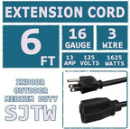 Indoor Outdoor Extension Cord 6 FT Waterproof, 16/3 Gauge Heavy Duty Black Extension Cords, 13A 1625W SJTW Extension Cord with 3 Prong Grounded Plug, Great for Tools, Lights, UL Listed.