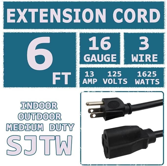 Indoor Outdoor Extension Cord 6 FT Waterproof, 16/3 Gauge Heavy Duty Black Extension Cords, 13A 1625W SJTW Extension Cord with 3 Prong Grounded Plug, Great for Tools, Lights, UL Listed.