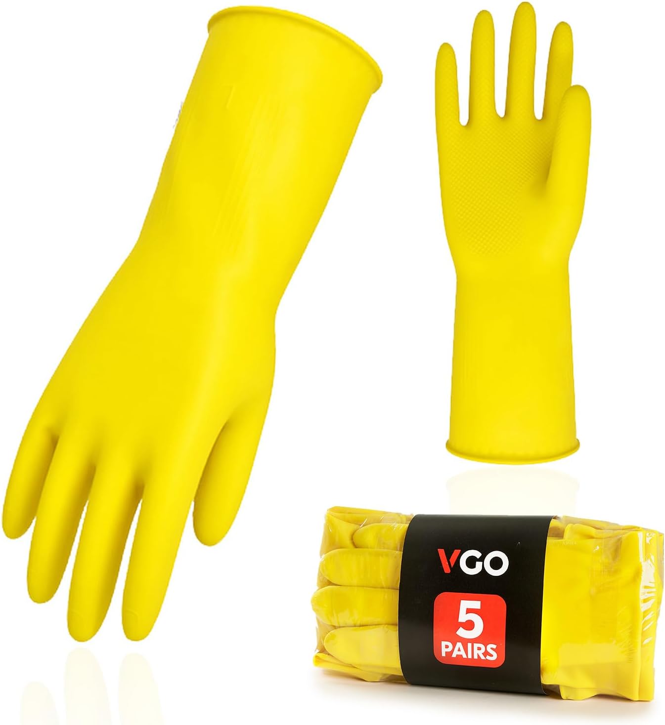 Vgo... 5-Pairs Reusable Household Gloves, Rubber Dishwashing gloves, Extra Thickness, Long Sleeves, Kitchen Cleaning, Working, Painting, Gardening, Pet Care (Size M, Yellow, HH4601)