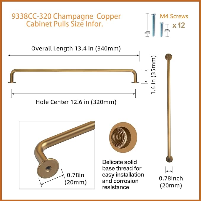 Goo-Ki 6 Pack Champagne Copper Cabinet Drawer Pulls Kitchen Hardware - 12.6"(320mm) c-c Bar Pull Dresser Handles for Cupboard Bathroom Closet Wardrobe