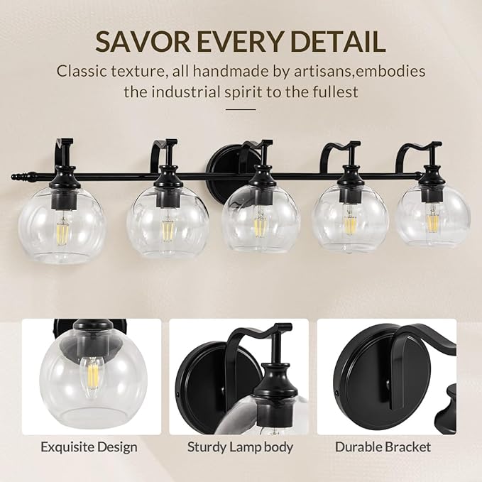 ANDY STAR Black Vanity Light, 5-Light Bathroom Light Fixture, 35" Large Bathroom Lighting Over Mirror, Industrial Wall Sconce, Perfect for Big Bathrooms, Double Vanities, Long-Length Elegant Design
