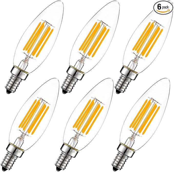 LiteHistory Dimmable B10 led Bulb 6W Equal 60W led Candelabra Bulb 2700k Clear e12 Edison Bulb for Chandelier Light Bulbs and Ceiling Fan Light Bulbs AC120V 600lm b11 led Bulb Torpedo 6Pack