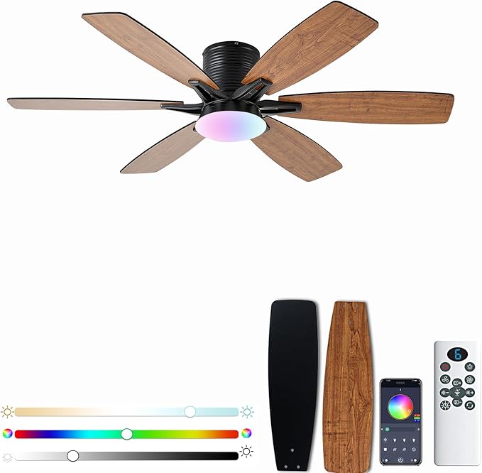 52inch Brown Ceiling Fans with Lights and Remote/App Control, Low Profile Ceiling Fan with Light and 6 Double-Side blades, Flush Mount, LED/RGB Dimmable DC Reversible Modern Ceiling Fan for Bedroom