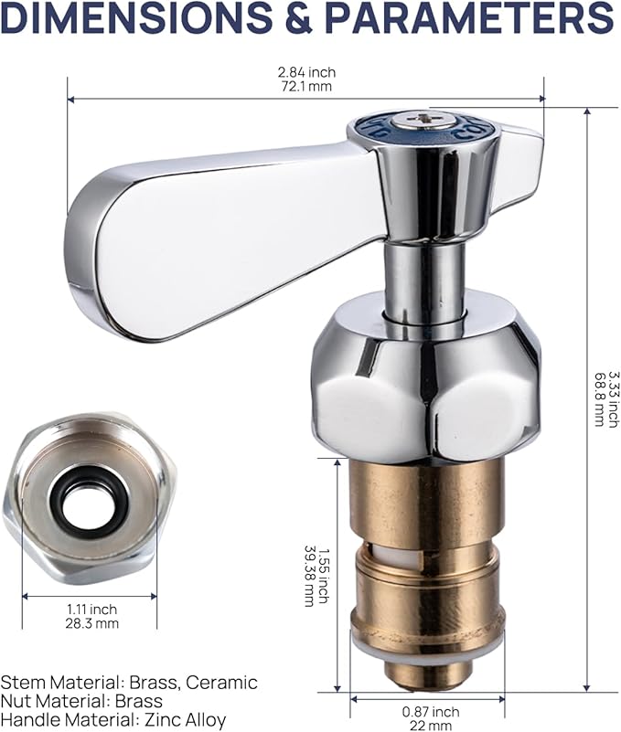 Lead-Free Faucet Handle Repalcement Valve Stem Repalcement Assembly, Commercial Faucet Parts for Kitchen Sink Faucet, Brass Constructed with Ceramic Disc, Blue for Cold