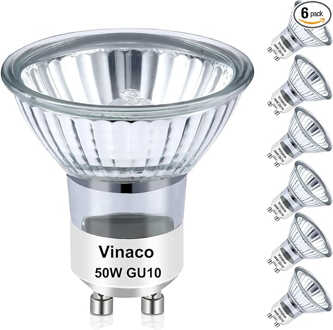 Vinaco Halogen GU10+C 120V 50W Long Lasting, Candle Warmer lamp Bulb 50 watt Warm White 2800K, Dimmable 50watt MR16 with Glass Cover for Track Lighting, Range Hood, Pack of 6