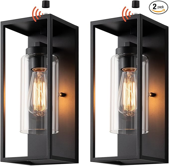 mirrea 14" Dusk to Dawn Outdoor Wall Sconce 1 Light in Cylinder Glass Shade and Matte Black Rectangular Metal Frame Waterproof Porch Light Patio Light Pack of 2