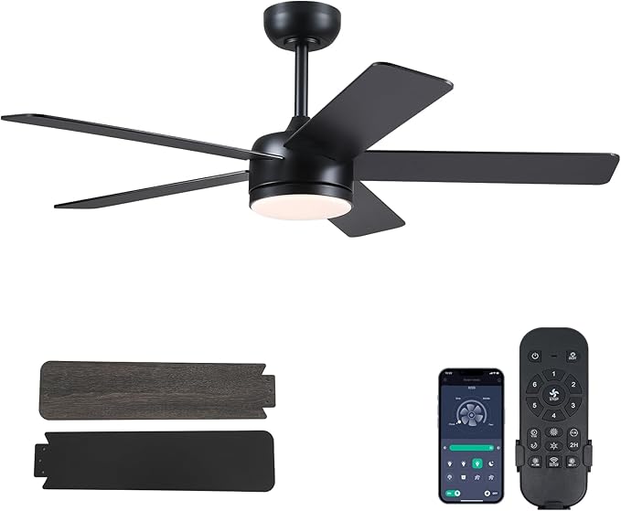46" Black Ceiling Fans with Lights - Low Profile Ceiling Fan with Lights and Remote/APP, 5 Dual-Sided Blades, Reversible DC Motor, Modern Ceiling Fan for Indoor and Outdoor Use