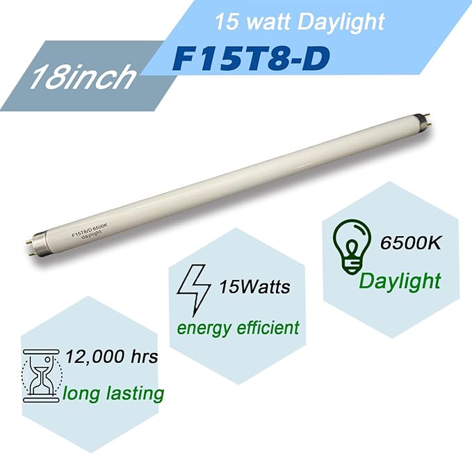 F15T8-D Daylight 15W Fluorescent Bulb,18'' F15T8/DL 6500K T8 Linear Preheat Lighting Lamps, G13 bi-pin Base