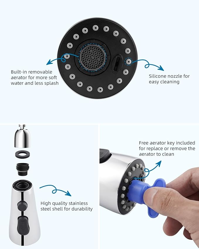 Hibbent Stainless Steel Pull Down Spray Head Replacement with 15 Adapters, NSF/ANSI/CAN 61 & CUPC Certified 3-Function Kitchen Faucet Nozzle, Compatible with Moen, Delta, Kohler Faucet, Chrome