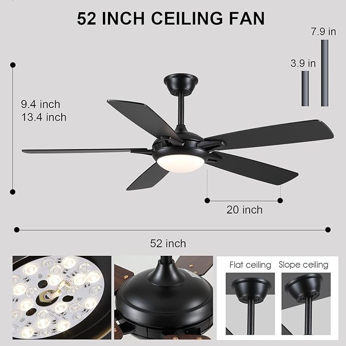 52 Inch Ceiling Fans with Lights and Remote, Modern Indoor Outdoor Ceiling Fan for Bedroom Living Room Patio Porch, 6 Speeds, Reversible Quiet Motor, Dual Finish Wooden Blades, Black