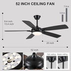 52 Inch Ceiling Fans with Lights and Remote, Modern Indoor Outdoor Ceiling Fan for Bedroom Living Room Patio Porch, 6 Speeds, Reversible Quiet Motor, Dual Finish Wooden Blades, Black