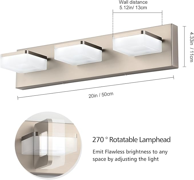 Brushed Nickel Vanity Lights for Bathroom - 3 Light Vanity Light Fixture - Dimmable LED Wall Sconces - Daylight 5500K - Elegant Bath Light Fixtures for Over Mirror