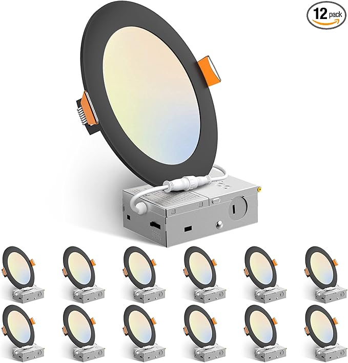Amico 12 Pack 6 Inch 5CCT Ultra-Thin LED Recessed Ceiling Light with J-Box, 2700K/3000K/3500K/4000K/5000K Selectable, 12W Eqv 110W, Dimmable Canless Downlight, 1050LM High Brightness, Black - ETL