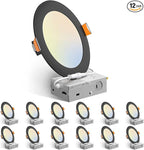 Amico 12 Pack 6 Inch 5CCT Ultra-Thin LED Recessed Ceiling Light with J-Box, 2700K/3000K/3500K/4000K/5000K Selectable, 12W Eqv 110W, Dimmable Canless Downlight, 1050LM High Brightness, Black - ETL