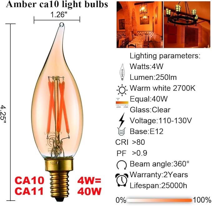 LiteHistory Dimmable 4W 2200K Amber CA10 led Bulb E12 Candelabra led 250lm, Warm White, 40W Flame tip 6Pack