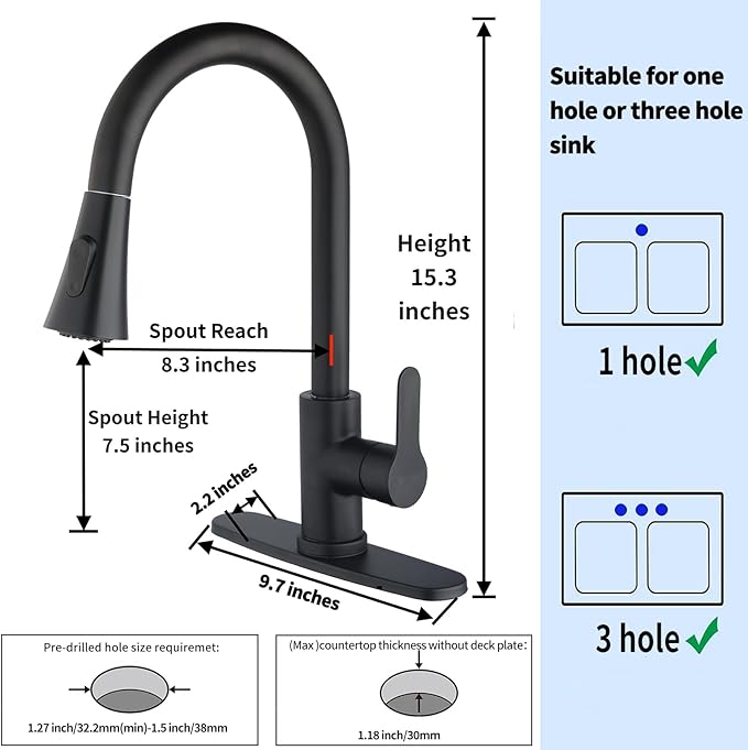 Single Handle Kitchen Faucet with Pull Down Sprayer Modern Stainless Steel Arc Kitchen Faucet Brushed Nickel, Commercial Kitchen Sink Faucet with Deck (Matte Black, with Pull Down Sprayer)