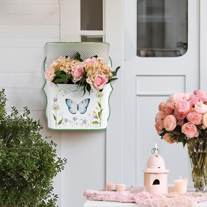 Mailbox Wall Mount Mailboxes for Outside Vintage Mail Boxes for House Outside Metal Drop Box Antique Style Nostalgic Charm Home Decorative, Butterfly Pattern, White