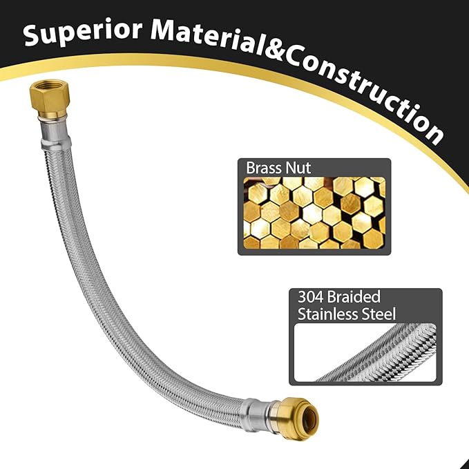 2 Pack Foskan 24-Inch Flexible Water Heater Connector Hose,with 1/2" Push-Fit x 3/4" FIP,Compatible with Copper, PEX, CPVC, and PE-RT Pipes for Water and Heating Use（24" Length）